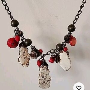 Vtg‎ CG Signed Beaded Stone Necklace BOHO Festival Coastal
